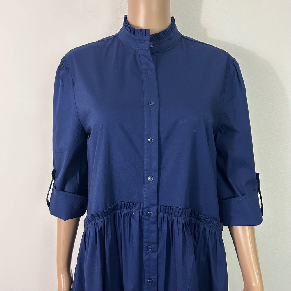 Taylor Tillman Navy Blue Cotton Poplin Ruffle Drop Waist Midi Shirt Dress Small - Picture 9 of 13